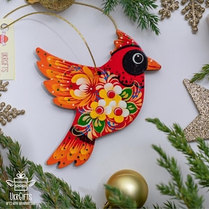 Roter Vogel Kardinal Weihnachtsschmuck Holz- Ukrainisches Kunsthandwerk Vögel Weihnachtsdekoration Anhänger Fensterdeko Petrykiwka-Malerei