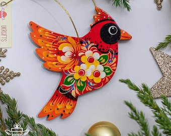 カーディナルのクリスマスオーナメント2個セット、塗装された木製の鳥