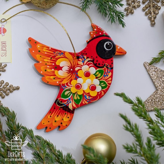 赤い鳥カーディナルクリスマスオーナメント木製ウクライナ手工芸品鳥