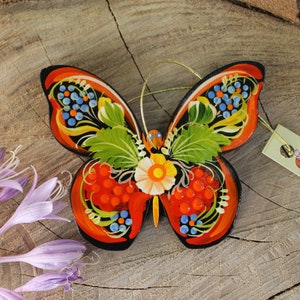 Butterfly ornaments wooden hand painted Christmas tree decorations handmade Ukrainian gifts  with Petrykivka painting