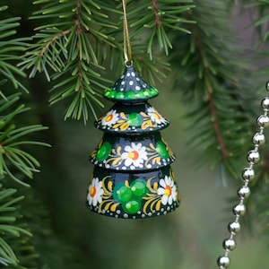 Christmas Bell Ornament Handcrafted Wooden Christmas Tree Shaped Hand-painted Ornaments with Floral Patterns of Ukrainian Petrykivka Style