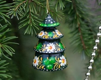 Kerstbel van hout, handgemaakte dennenboom - handgeschilderde nostalgische kerstboomdecoratiebel met Oekraïens bloemmotief