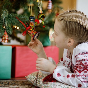 Unique handmade Christmas ornaments set of wood, Hand painted Christmas ball 5,5 cm openable and Christmas bell 6.5 cm decoration Ukrainian image 7