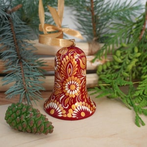 Christmas Bell Ornament Wooden Bells Tree Decorations Handcrafted Ukraine Petrykivka Floral Painting Nostalgic Red-Golden Ornaments Folk Art