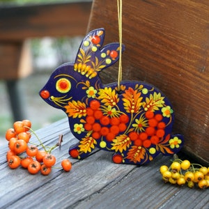 Wooden Easter bunny -original hand painted Easter rabbit- ornaments Easter wooden decorations, traditional ukrainian artisanat Petrykivka