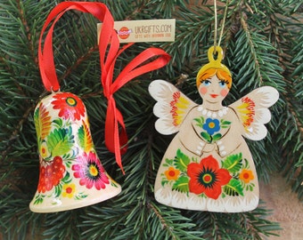 Wooden Christmas ornaments, set (christmas angel and christmas bell) hand painted wooden christmas decorations, handycraft, original gifts