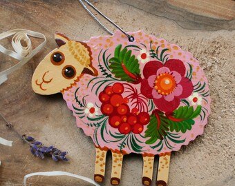 Décor de mouton à suspendre, souris d'agneau de Pâques en bois - artisanat traditionnel ukrainien décoration de Pâques - peinture Petrykivka