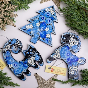 Handmade wooden Christmas ornaments Horse, Cat, Tree wooden Christmas decorations hand painted in ukrainian tradition Petrykivka painting