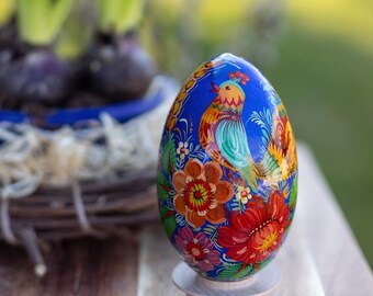 Hand-Painted Large Wooden Easter Egg Artful Bird and Floral Pattern of Ukrainian Petrykivka Painting Folk Art Traditionally Made in Ukraine