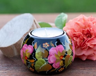 Teelichthalter Holz handbemalt Petrykiwka-Malerei Blumen Motiv Ukrainisches Kunsthandwerk Kerzenständer Schönes Geschenk Gemütliches Zuhause