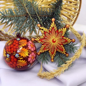 Exclusive Painted Wooden Christmas Ball Openable and Star Ornament Ukrainian Traditional Handmade Petrykivka Unique Christmas Decorations