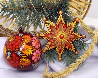 Exclusive Painted Wooden Christmas Ball Openable and Star Ornament Ukrainian Traditional Handmade Petrykivka Unique Christmas Decorations