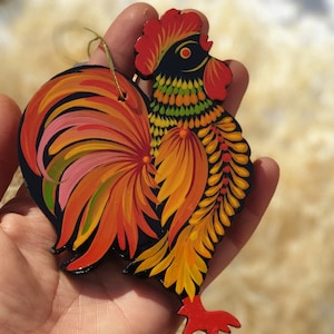 Rooster  ornament in wood, hand painted  in Ukraine, handbemalter Hahn Anhänger