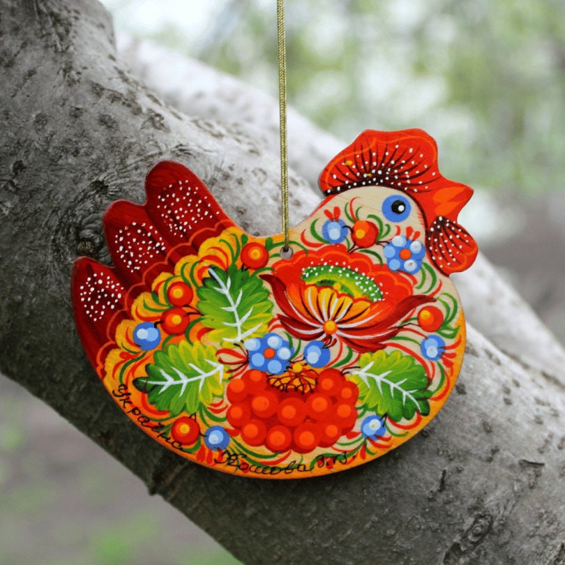 Chicken Christmas Flat Ornaments Rooster Wooden Rural Ukrainian