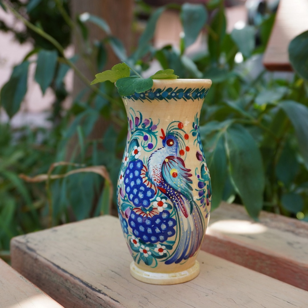 Small Handcrafted Beech Wooden Vase With Ukrainian Petrykivka