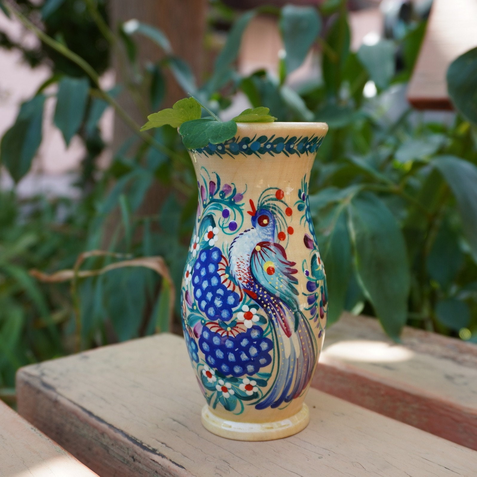 Small Handcrafted Beech Wooden Vase with Ukrainian Petrykivka Painting Folk Art Rustic Home Decoration for dried flowers