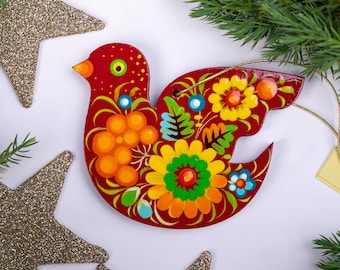 Décorations de Noël Bois d'oiseau peint à la main Décorations colorées pour arbres de Noël Oiseaux Cadeaux ukrainiens avec peinture traditionnelle Petrykivka