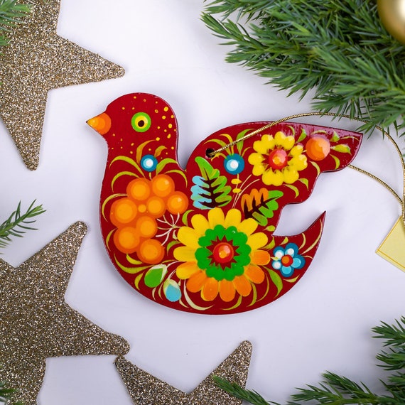Red Bird Christmas Ornaments Wooden Traditional Hand Painted Bird