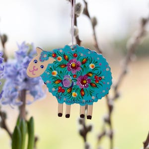 Sheep Ornament Wooden Hand Painted Lamb Flat Decorations Easter Animal Hanging Floral Ornaments, Traditional Ukrainian Petrykivka Folk Art