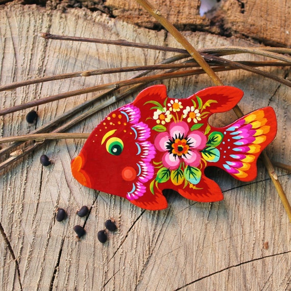 Aimant de réfrigérateur de poisson Aimants décoratifs Animaux en bois Petit  cadeau d'amant de poisson Petrykivka ukrainienne Peinture -  France