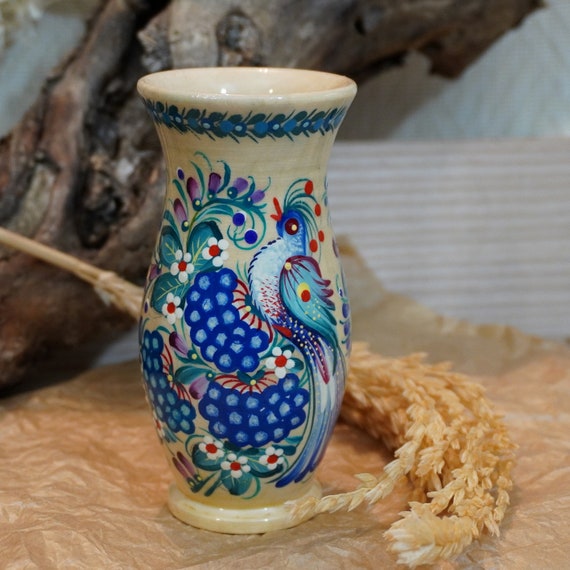 Small Handcrafted Beech Wooden Vase With Ukrainian Petrykivka