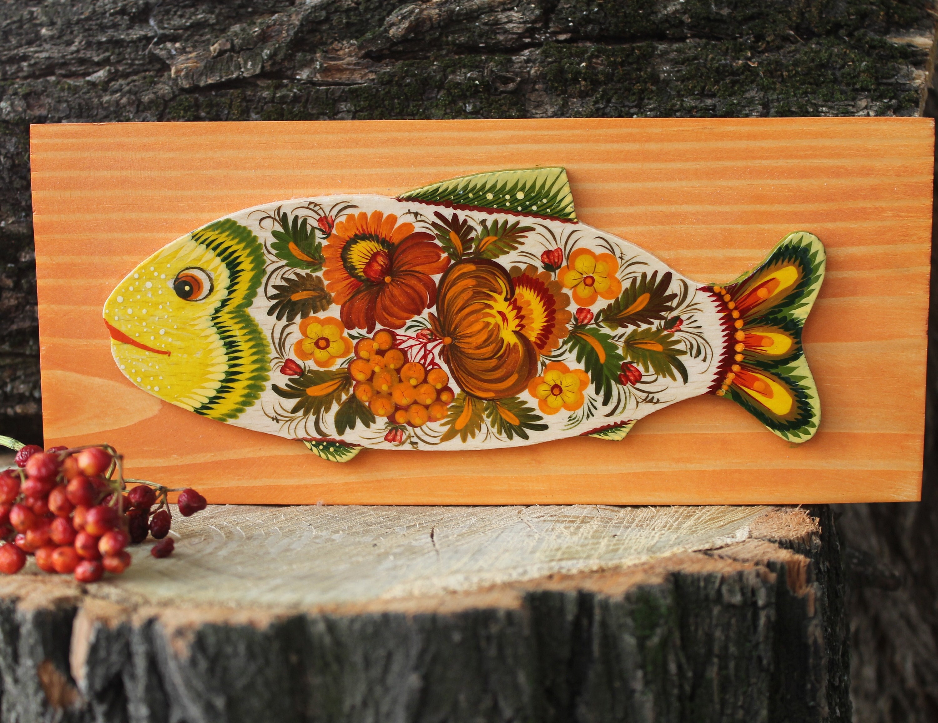 Fish Wall Art Decor rustic wooden Ukrainian hand painted with Petrykivka painting, Ukrainian handicrafts Fish lover gifts