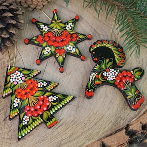 Wooden Christmas ornaments, set Christmas star, horse and Christmas tree hand painted wooden Christmas decorations, wooden figures handmade