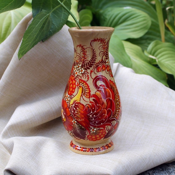 Hand Painted Wooden Vase Wonderful Birds Ans Flowers of Ukrainian