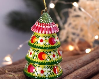 Kerstboomversiering van hout, handgemaakt, handbeschilderd, bel - spar, Oekraïense kerstboomversiering met bloemmotief, Petrykivka-schilderij