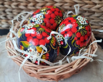 Ukrainian painted wooden eggs in the basket, easter decorations Pysanky, ukrainian easter eggs,  easter basket, traditional easter gifts