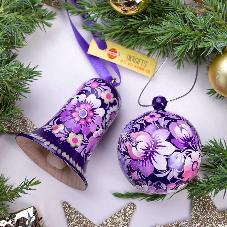 Unique handmade Christmas ornaments set of wood, Hand painted Christmas ball 5,5 cm openable and Christmas bell 6.5 cm decoration Ukrainian Purple