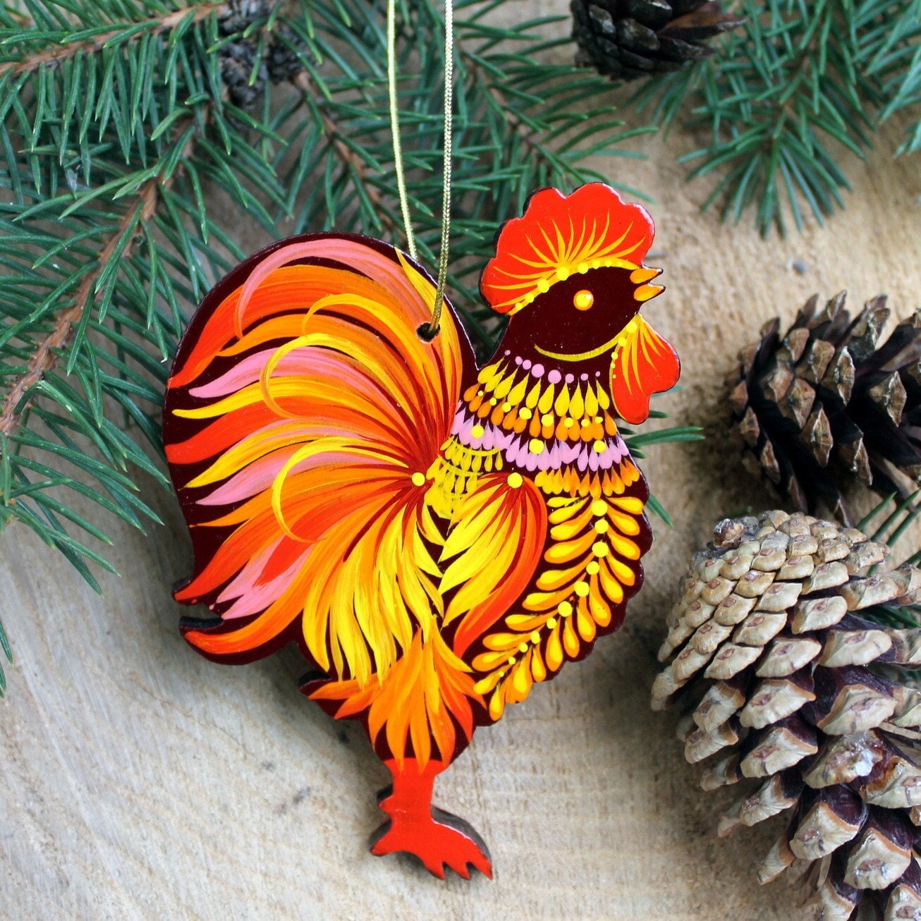 Rooster Christmas Ornaments Wooden Chicken Decorations Handmade