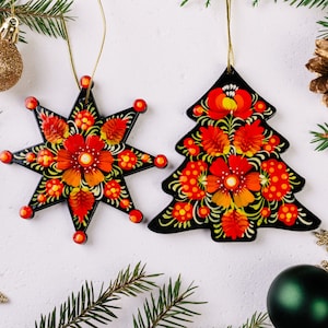 Exclusive Folk Art Ukrainian Christmas Ornaments Set - Star and Tree Hand-painted Wooden Hanging Flat Decorations Floral Traditional Pattern