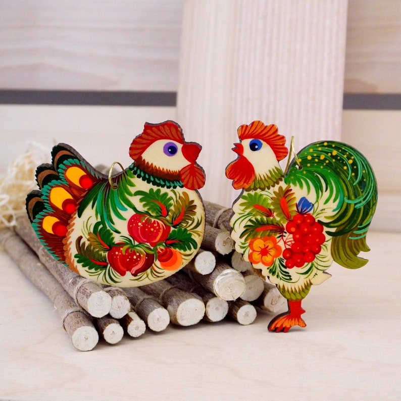 Ensemble de décoration de Pâques fait à la main en bois coq, poulet artisanat traditionnel ukrainien décorations de Pâques image 2