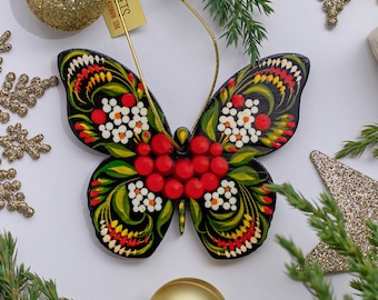 Christmas ornaments Butterfly wooden hand painted Christmas tree decorations handmade Ukrainian gifts  with Petrykivka painting