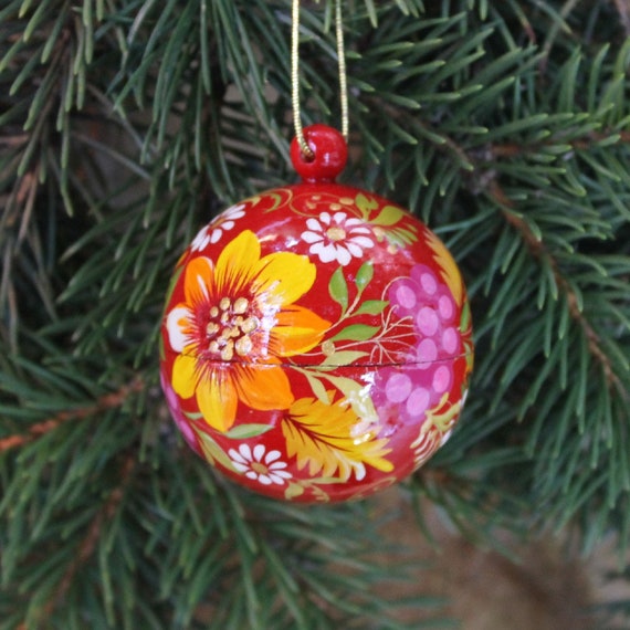Handbemalte Christbaumkugel aus Holz bunt mit Blumenmuster, Exklusive Weihnachtskugeln handgemacht besonderes Kunsthandwerk aus der Ukraine