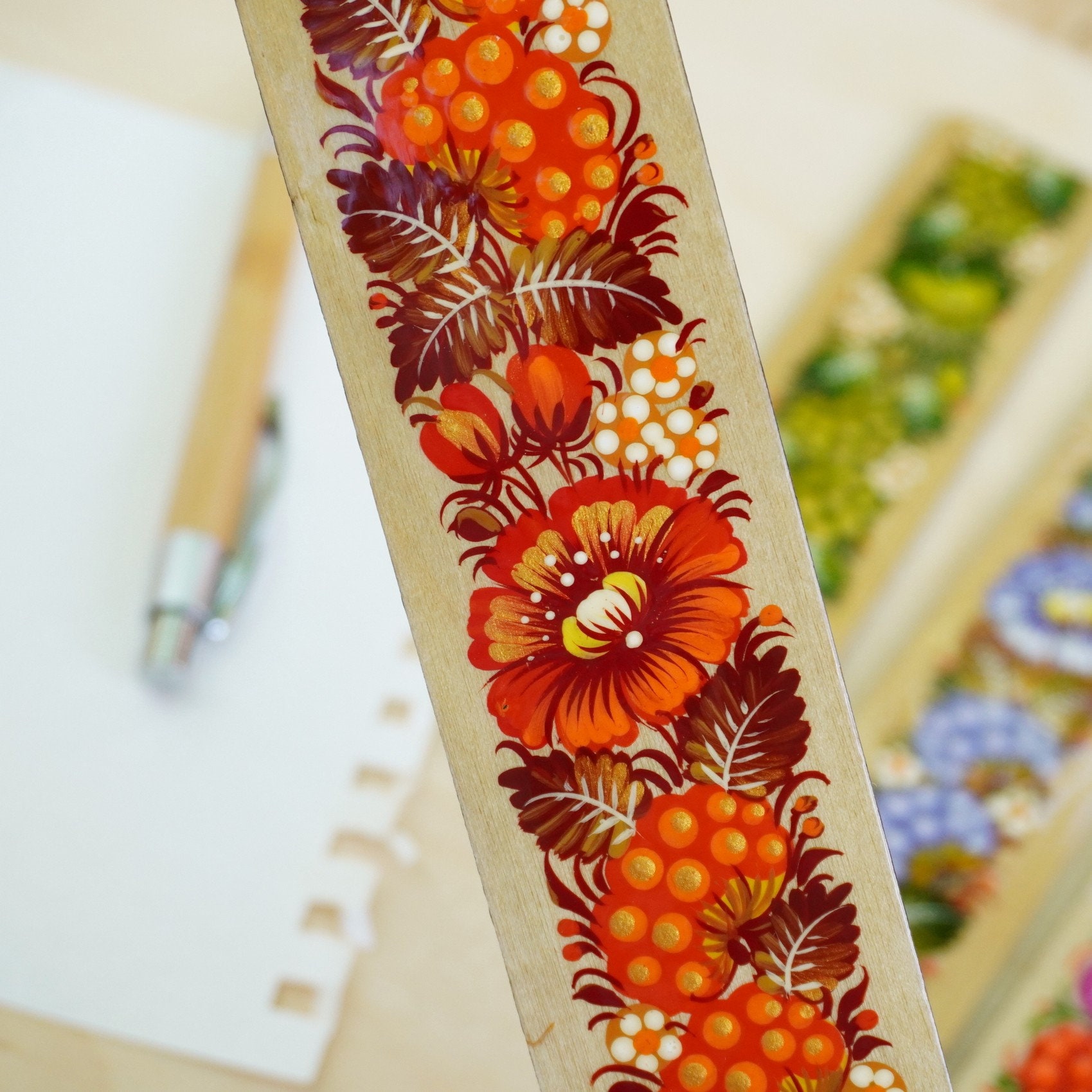 Wooden bookmark Ukrainian hand painted with Petrykivka painting Special gift for book read lovers lovers
