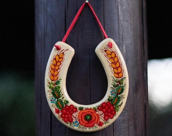 Good Luck horseshoe gift home decoration handmade and hand painted on Ukrainian Traditional Fol Art Petrykivka. Lucky Horseshoe Gifts