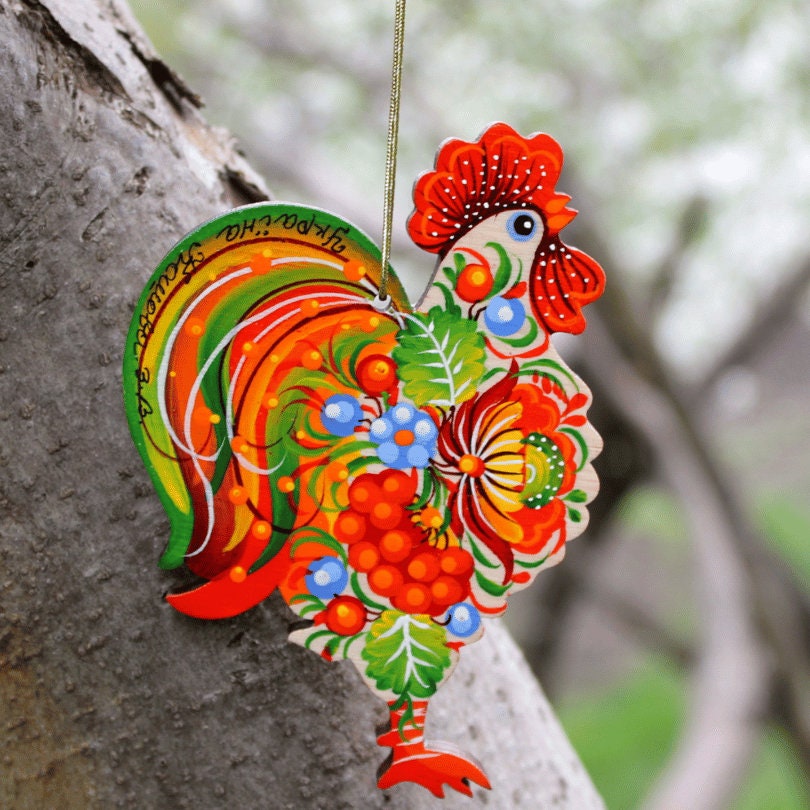 Chicken Christmas Flat Ornaments Rooster Wooden Rural Ukrainian