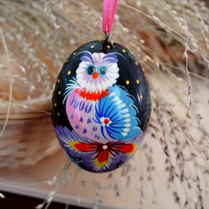 Ukrainian easter egg hand painted eggs with owl - pretty wooden eggs easter tree decorations, Ukrainian Pysanka Petrykivka painting