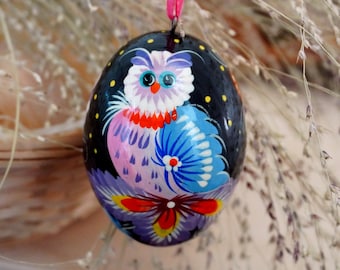 Ukrainian easter egg hand painted eggs with owl - pretty wooden eggs easter tree decorations, Ukrainian Pysanka Petrykivka painting