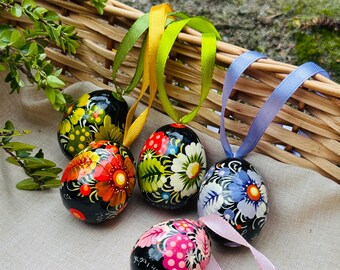 Small Painted Wooden Easter Eggs 5 pcs Colorful Floral Ukrainian Pattern Traditional Pysanka-Eggs Petrykivka Painting Folk Art