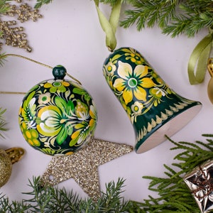 Unique handmade Christmas ornaments set of wood, Hand painted Christmas ball 5,5 cm openable and Christmas bell 6.5 cm decoration Ukrainian Green