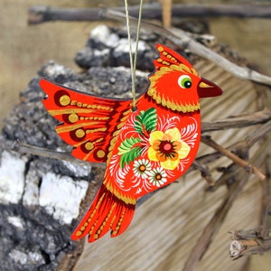 Vogel Kardinal Christbaumschmuck Holz Ukrainische Volkskunst Rote Vögel Weihnachtsschmuck Anhänger Fenster Weihnachtsdeko Petrykiwka-Malerei