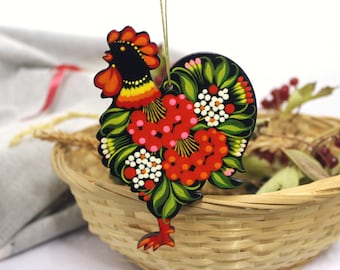 Wooden Easter decorations Rooster ornaments Ukrainian handicrafts painting, Petrykivka
