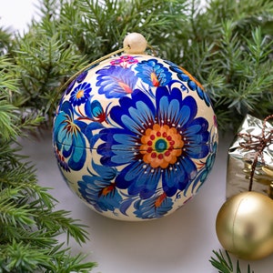 Hand painted Christmas ball and box for gifts handmade in Petrykivka style, exclusive wooden Christmas ornaments and handcrafted gifts