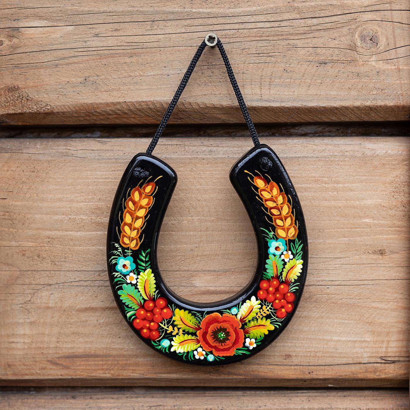 Good Luck Horseshoe Ukrainian Gift Home Decoration Handcrafted Painted on Ukrainian Traditional Folk Art Petrykivka Tradition Lucky Symbols
