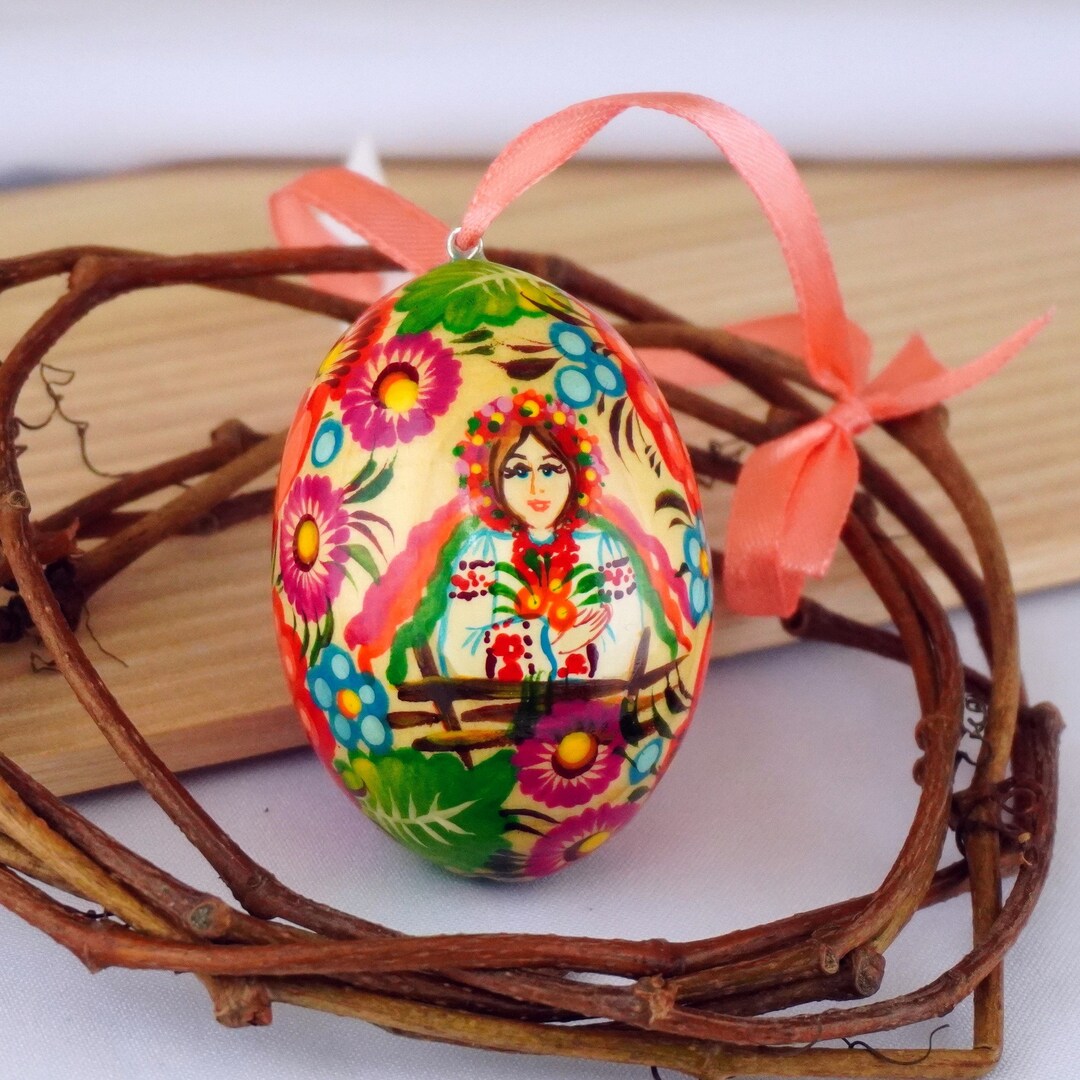 Ukrainian Hand Painted Wooden Easter Egg With Girl in National Costume ...