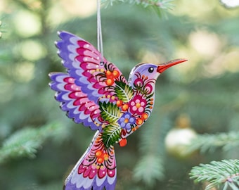 Hummingbird Christmas Ornament Wooden Handcrafted Bird Tree Flat Ornaments with Floral Traditional Ukrainian Painting both sides Folk Art