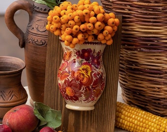Beau vase à motif de fleurs - décoration murale pour cuisine salle à manger - vase mural en bois peint à la main décoration de cuisine - cadeau de fête des mères